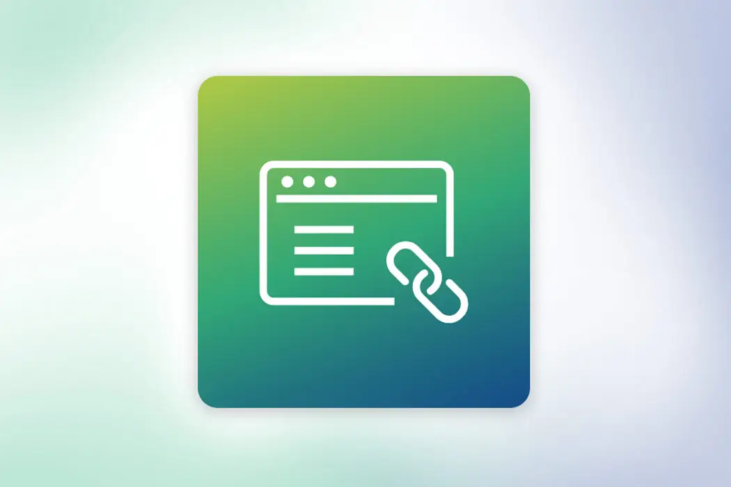 Eine weiße Linie Symbol eines Web-Browser-Fenster mit einem Kettenglied-Symbol überlappt es, auf einem grünen und blauen Gradienten Platz, vor einem hellen verschwommenen Hintergrund.