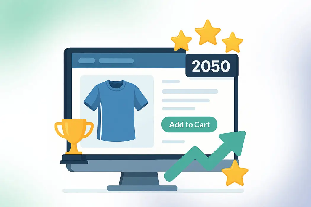 Illustration eines Computerbildschirms, der einen Online-Shop mit einem blauen T-Shirt, einer Schaltfläche "In den Warenkorb", einer Trophäe, Sternen, der Zahl 2050 und einem nach oben zeigenden grünen Pfeil zeigt, der Erfolg und Wachstum symbolisiert.