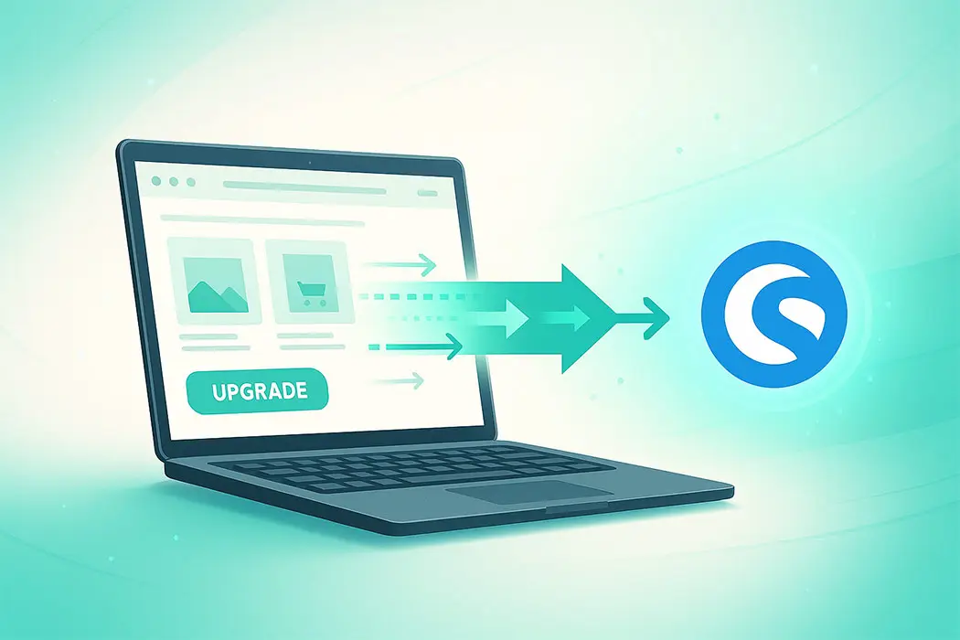 Abbildung eines Laptops mit einer Upgrade-Taste auf dem Bildschirm und grünen Pfeilen, die vom Laptop auf ein kreisförmiges blaues Logo zeigen, was auf ein Software- oder System-Upgrade oder eine Datenübertragung hindeutet.