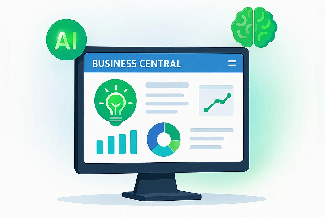 Auf einem Computermonitor wird ein Dashboard von Business Central mit Diagrammen, Grafiken und einem Glühbirnensymbol angezeigt. Über dem Bildschirm sind Symbole zu sehen, die KI und ein Gehirn darstellen, was auf künstliche Intelligenz in der Geschäftsanalytik hindeutet.