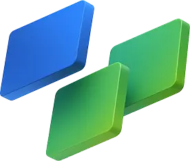 Drei 3D-Parallelogrammformen scheinen zu schweben; eine ist blau und die anderen beiden sind grün, alle sind leicht geneigt und werfen weiche Schatten.