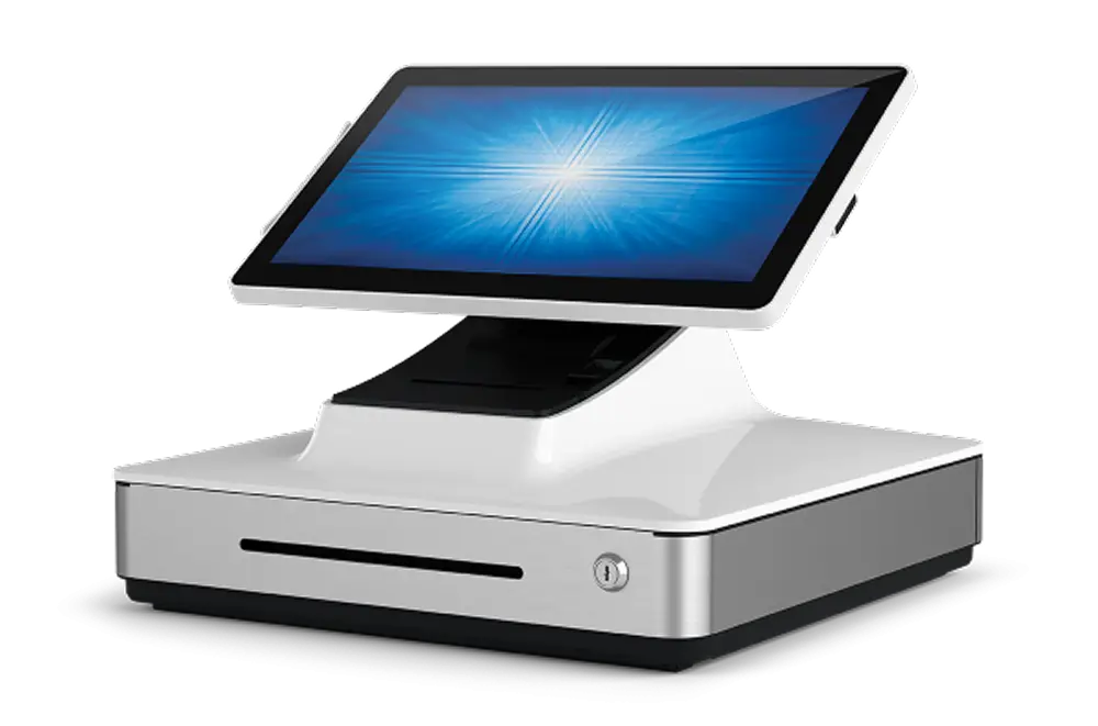 Ein modernes Kassensystem mit Touchscreen und großem Display, das auf einem eleganten weißen Sockel montiert ist und über eine Kassenschublade und ein Schlüsselschloss verfügt - perfekt für nahtlose Transaktionen und die Integration in digitales Besuchermanagement.