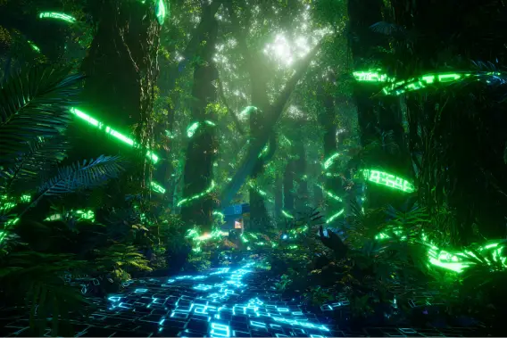 Ein üppiger, grüner Wald wird von leuchtenden, neongrünen digitalen Symbolen erhellt, die sich um Bäume und über den Boden schlängeln und die Natur mit futuristischer Technologie verschmelzen. Das Sonnenlicht dringt durch das dichte Blätterdach darüber.