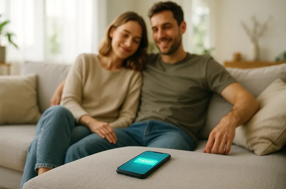 Ein lächelndes Paar sitzt eng beieinander auf einer Couch in einem hellen, gemütlichen Wohnzimmer. Auf dem Hocker vor ihnen liegt ein Smartphone, das ein digitales Ticket für das nächste Eventmanagement-Erlebnis im Freizeitpark anzeigt.