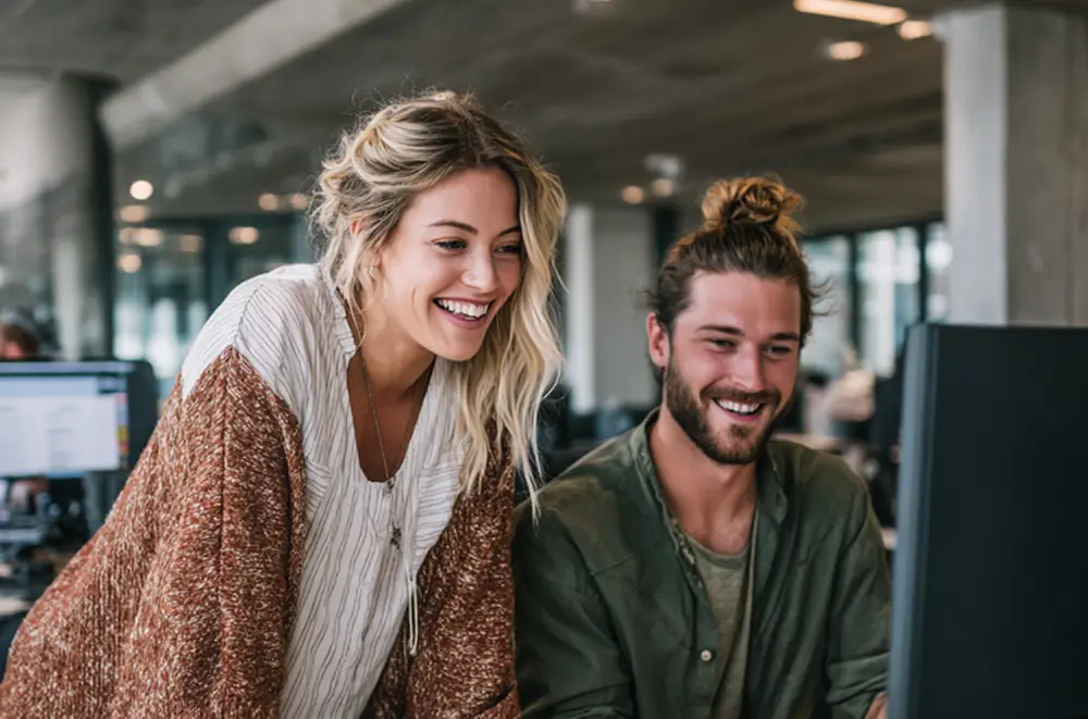 Zwei junge Erwachsene, eine Frau und ein Mann, lächeln und schauen gemeinsam auf einen Computerbildschirm in einem modernen, offenen Büro. Die Atmosphäre scheint freundlich und kooperativ zu sein.