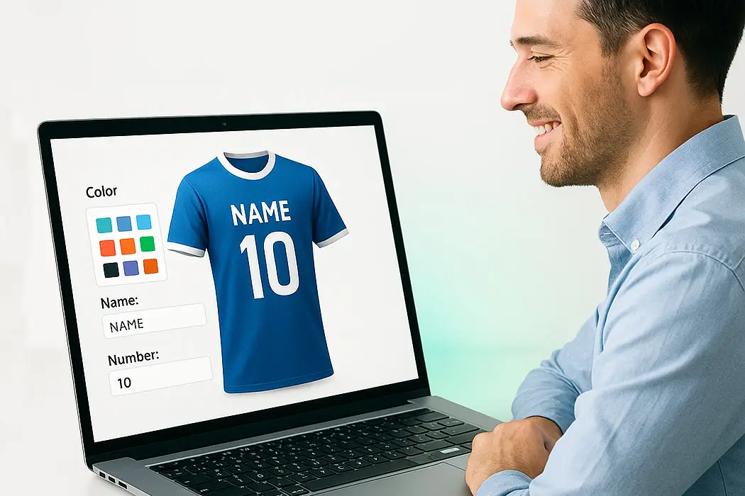 Ein lächelnder Mann sitzt an einem Laptop und passt ein blaues Sporttrikot online an. Er wählt die Farben aus und fügt einen Namen und die Nummer 10 auf dem Bildschirm ein.