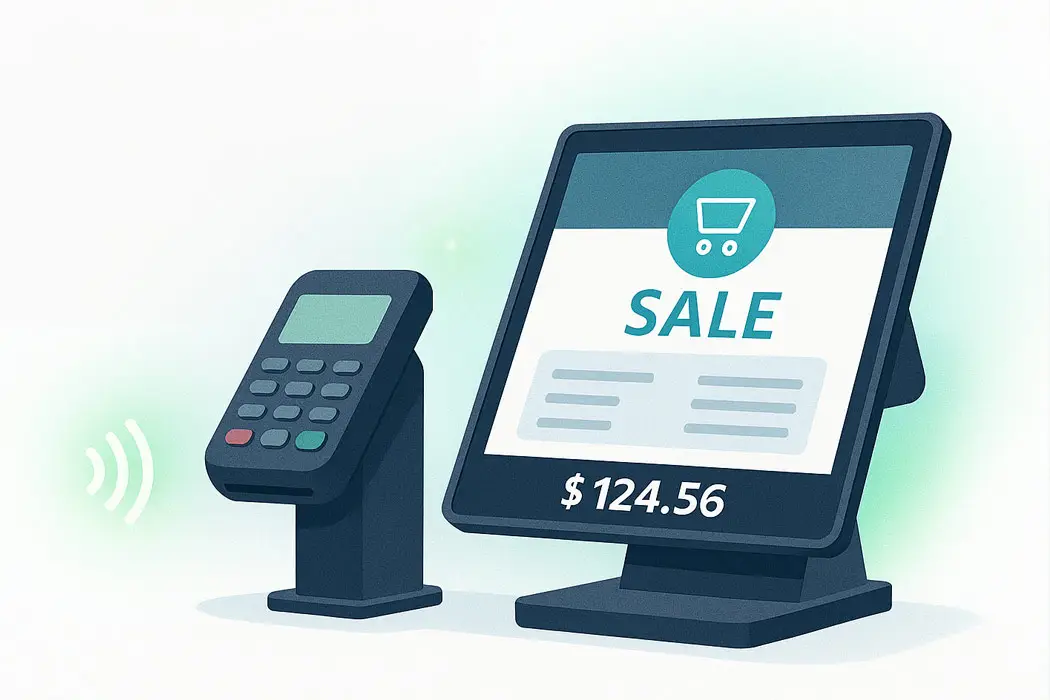 Illustration eines Kassensystems mit einem Monitor, auf dem SALE und ein Gesamtbetrag von 124,56 $ angezeigt werden, neben einem Kartenzahlungsterminal mit einem Symbol für kontaktlose Zahlung.