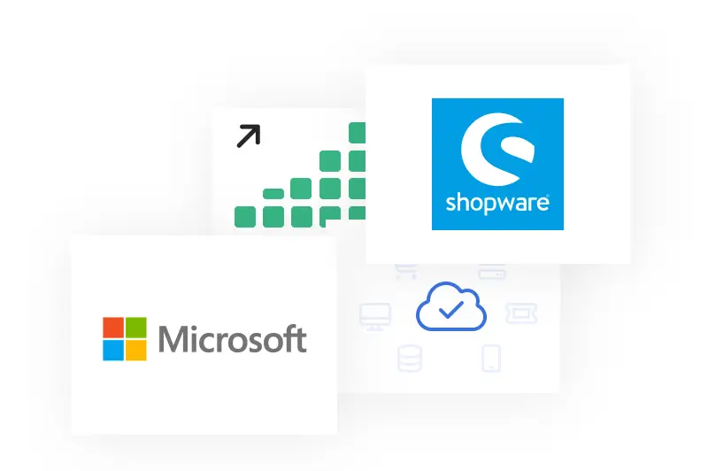Drei sich überlappende Karten zeigen Logos: das Microsoft-Logo mit farbigen Quadraten und Text, das Shopware-Logo mit einem weißen "S" und Text auf blauem Hintergrund und ein grünes Gitter mit einem Pfeil in der oberen linken Ecke.