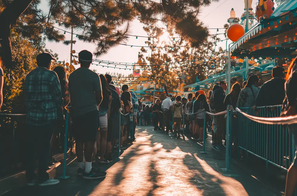 Eine lange Schlange von Menschen wartet draußen in einem Freizeitpark am späten Nachmittag, während das Sonnenlicht durch die Bäume fällt und bunte Lichter und Fahrgeschäfte im Hintergrund zu sehen sind - ein Beispiel für nahtloses Eventmanagement.