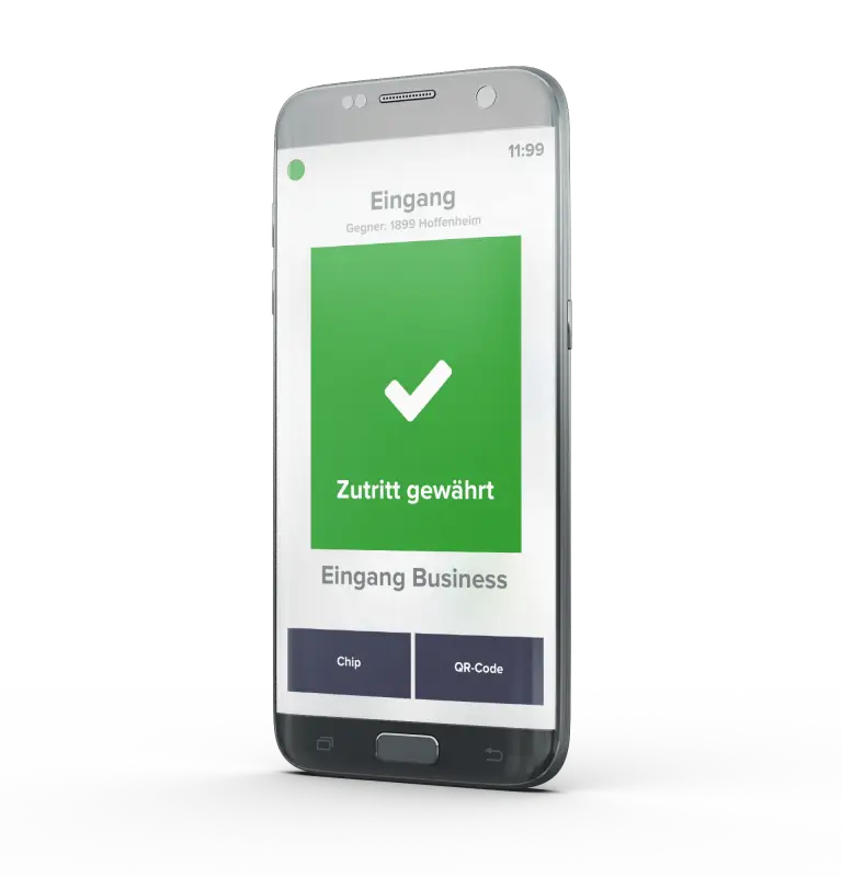 Ein Smartphone, das einen grünen Bildschirm mit einem Häkchen und dem deutschen Text Zutritt gewährt anzeigt. Die App-Oberfläche zeigt unten Optionen für den Chip- und QR-Code-Zugang an.