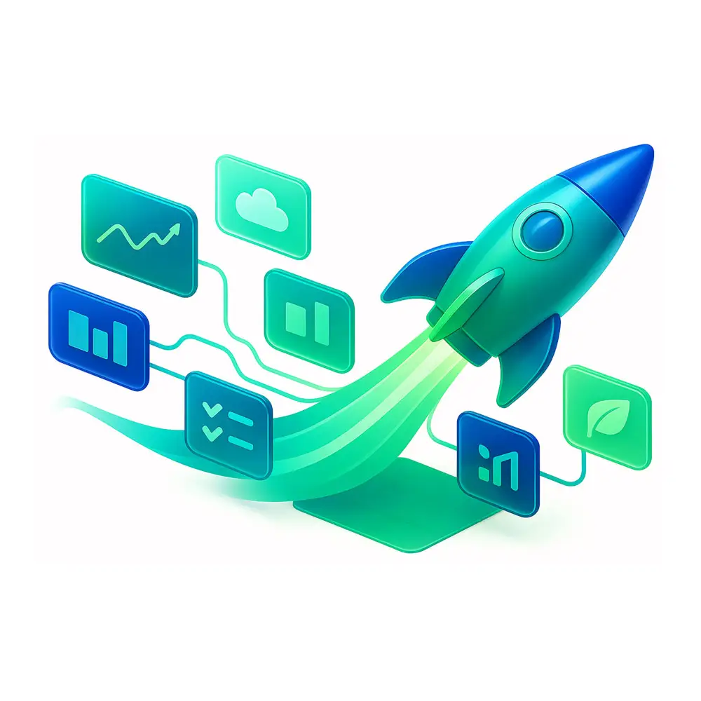bfn-digitale-transformation Eine blaue und grüne Rakete startet nach oben und zieht digitale Ströme hinter sich her, die mit schwebenden Symbolen verbunden sind, die Datendiagramme, eine Wolke, Checklisten und ein Blatt darstellen und Wachstum, Fortschritt und Technologie symbolisieren.