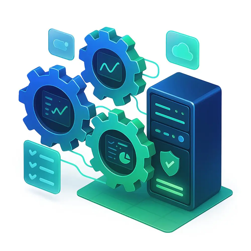 Eine digitale Illustration eines Servers, der mit drei großen Zahnrädern verbunden ist, die jeweils verschiedene Datendiagramme anzeigen, umgeben von schwebenden Symbolen für Einstellungen, Cloud und Checklisten, die die Datenverarbeitung und -verwaltung darstellen.