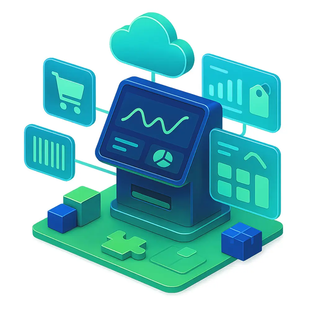 3D-Illustration eines Point-of-Sale-Systems, das mit digitalen Diagrammen, Einkaufswagen, Preisschildern und Analysesymbolen verbunden ist, was auf eine cloudbasierte Einzelhandelsdatenanalyse hindeutet. Auf dem Sockel befinden sich verschiedene farbige Blöcke und Puzzleteile.