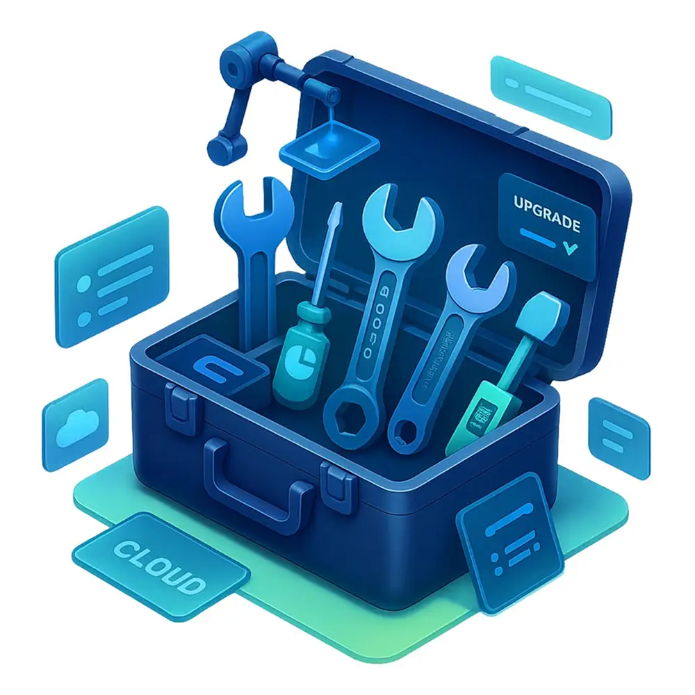 Ein blauer Werkzeugkasten mit Schraubenschlüsseln, einem Schraubenzieher und digitalen Werkzeugen ist von schwebenden technischen Symbolen mit der Aufschrift UPGRADE und CLOUD umgeben, die digitale Werkzeuge, Software und cloudbasierte Lösungen symbolisieren.
