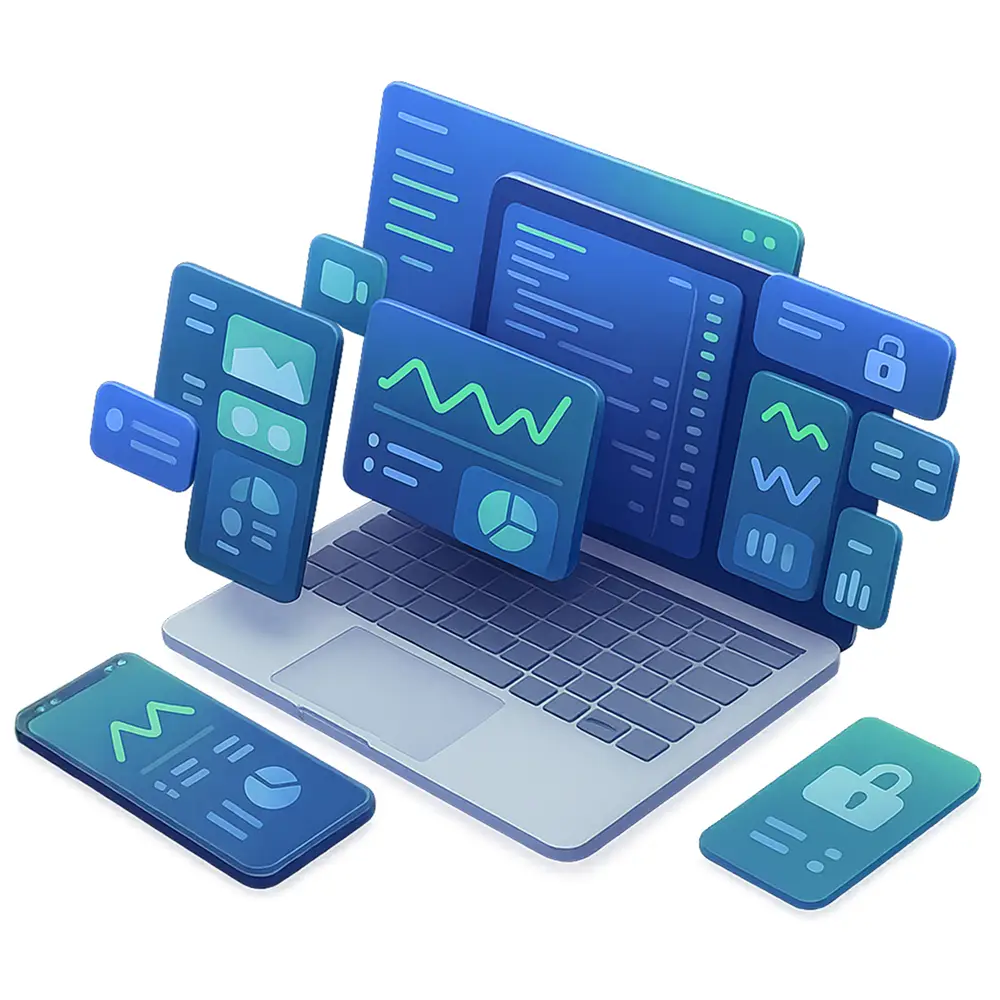 Ein Laptop und ein Smartphone zeigen digitale Armaturenbretter, Grafiken, Diagramme und Sicherheitssymbole an, die Datenanalyse und Cybersicherheit in einem modernen, technologieorientierten Arbeitsbereich darstellen.