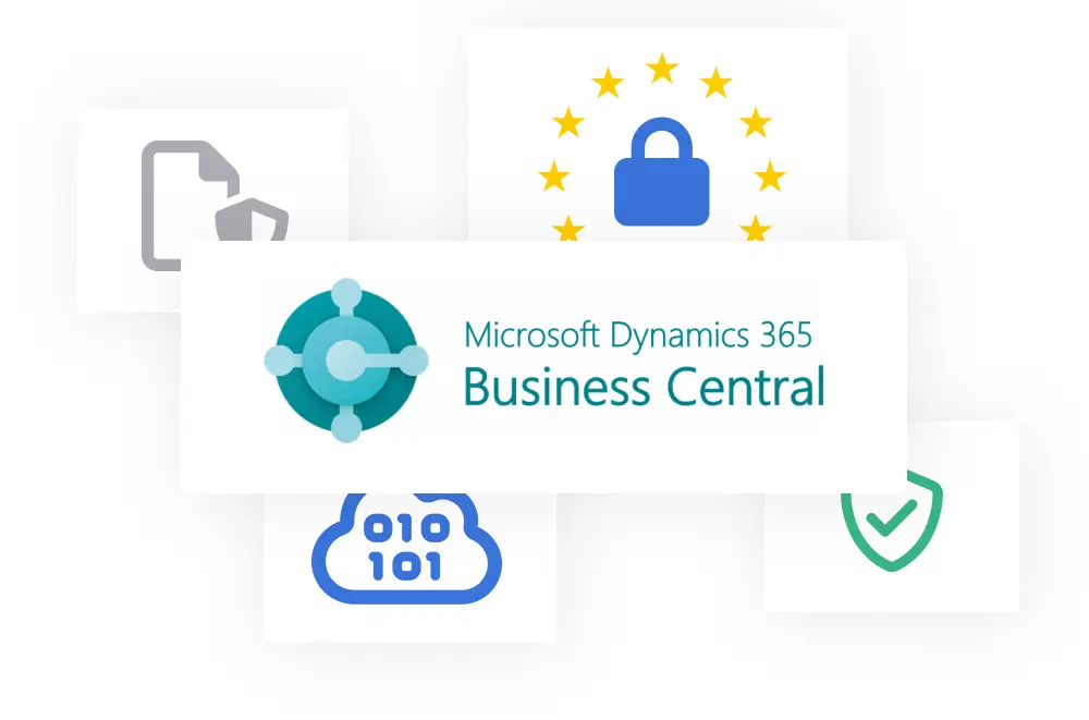 Microsoft Dynamics 365 Business Central-Logo in der Mitte, umgeben von Symbolen eines Vorhängeschlosses mit Sternen, einer Wolke mit binärem Code, einem Schild mit einem Häkchen und einem Dokument, das wichtige Microsoft Dynamics-Funktionen hervorhebt.