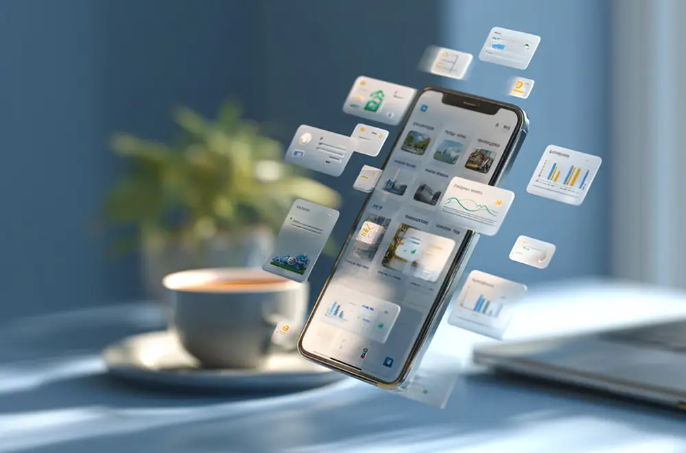 Ein Smartphone schwebt über einem Tisch und zeigt mehrere Anwendungsfenster und Diagramme an - darunter auch Daten von Microsoft Dynamics -, die um es herum zu schweben scheinen. Im Hintergrund sind eine verschwommene Pflanze, eine Tasse und ein Laptop auf dem Tisch zu sehen.