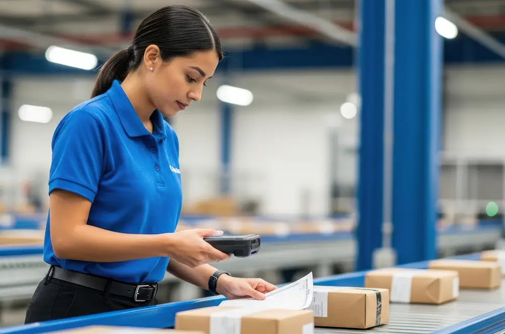 Eine Frau in einem blauen Poloshirt scannt mit einem Handheld-Gerät ein Versandetikett auf einem Paket, das Digitalisierung im Handel zeigt. Vor ihr sind mehrere kleine Kartons auf einem Förderband aufgereiht.