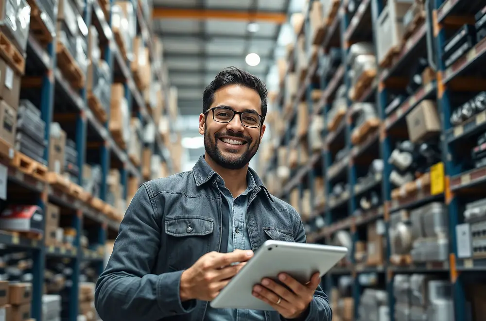 Ein lächelnder Mann mit Brille hält ein Tablet in der Hand, während er in einem großen Lagergang steht, der mit Regalen voller Kisten gesäumt ist, die die Digitalisierung im Handel zeigen.