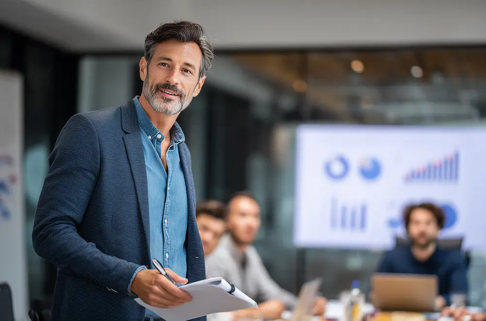 Selbstbewusster Mann in Geschäftskleidung, der ein Klemmbrett und einen Stift in der Hand hält. Er steht in einem modernen Besprechungsraum, in dem auf einem Bildschirm hinter ihm Diagramme und Graphen mit Leistungen angezeigt werden. Unscharfe Kollegen sitzen an einem Tisch im Hintergrund.