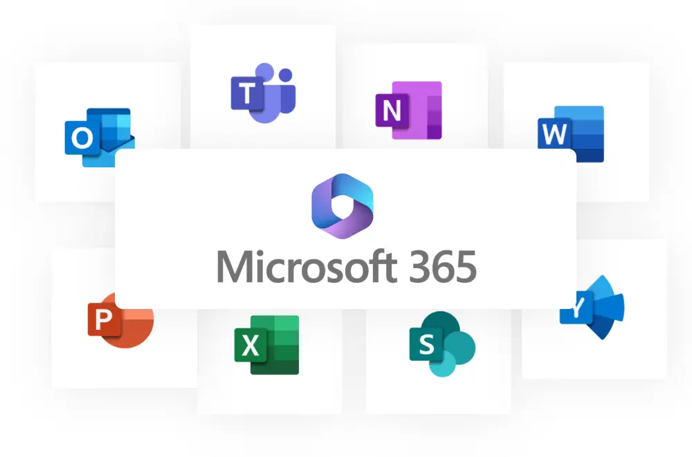 Microsoft 365-Logo in der Mitte, umgeben von Symbolen für Outlook, Teams, OneNote, Word, PowerPoint, Excel, SharePoint und Yammer auf einem weißen Hintergrund.