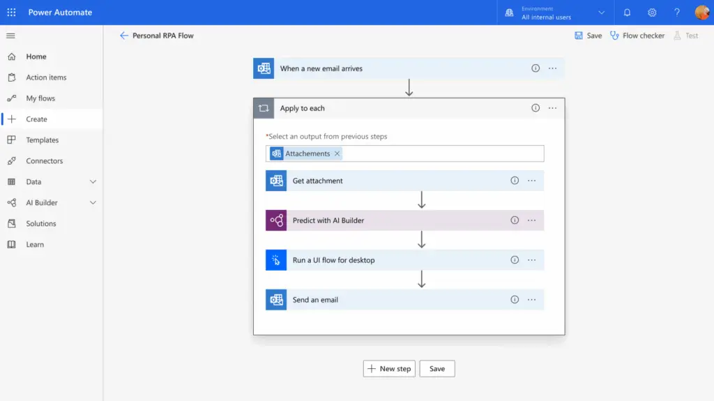 Ein Power Automate-Flow namens Personal RPA Flow mit folgenden Schritten: Wenn eine E-Mail eingeht, auf jeden Anhang anwenden, Anhang abrufen, mit AI Builder vorhersagen, einen UI-Flow für den Desktop ausführen und eine E-Mail senden.