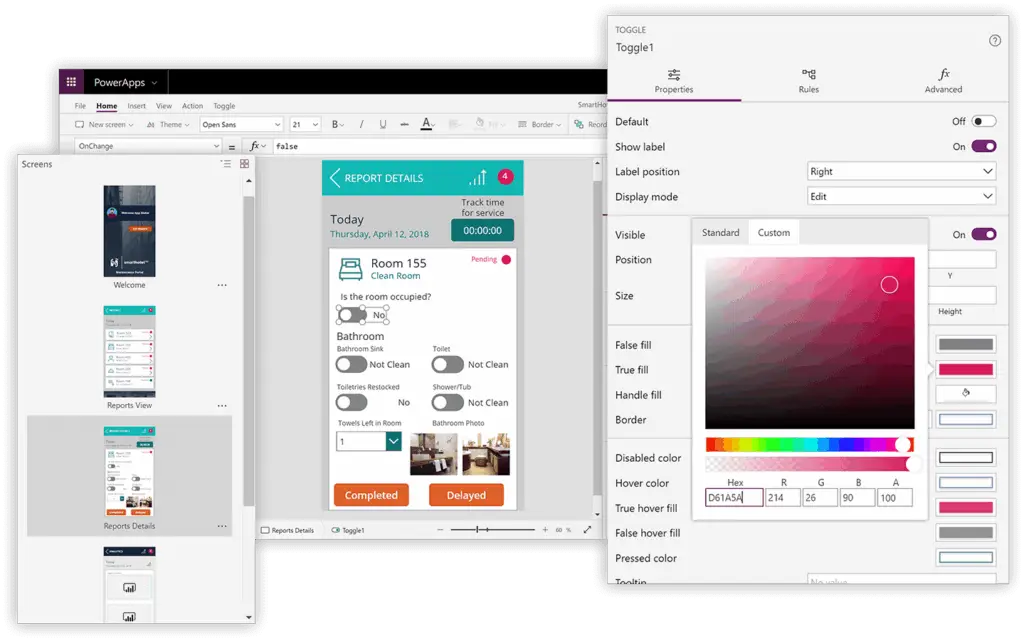 Ein Screenshot zeigt eine PowerApps-Oberfläche mit einem Bildschirm für Berichtsdetails auf der linken Seite und einem Farbanpassungsfeld für eine Umschalttaste auf der rechten Seite, in dem verschiedene Farb- und Eigenschaftseinstellungen angezeigt werden.