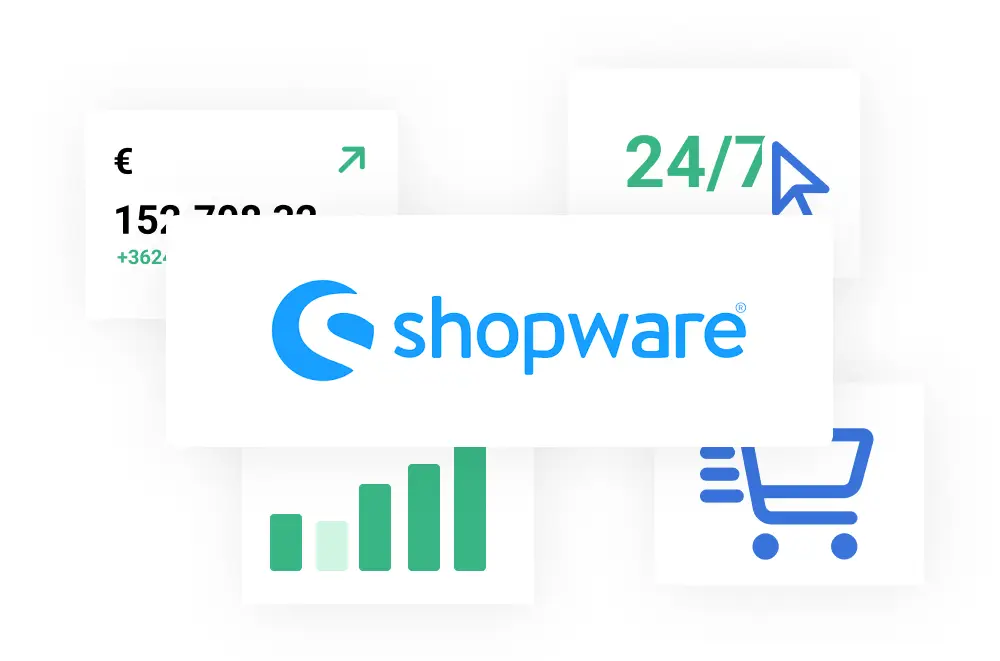 Eine Grafik zeigt das Shopware-Logo in der Mitte, umgeben von Symbolen: einem Einkaufswagen, einem grünen, aufsteigenden Balkendiagramm, steigenden Umsatzzahlen in Euro und einem 24/7 mit einem Cursorpfeil.