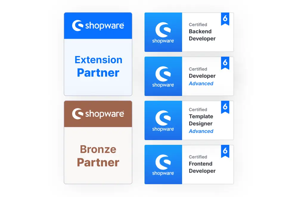 Sechs Abzeichen, die Shopware-Partnerschaften und -Zertifizierungen anzeigen: Extension Partner, Bronze Partner, Certified Backend Developer Advanced, Certified Developer Advanced, Certified Template Designer Advanced, und Certified Frontend Developer Advanced.