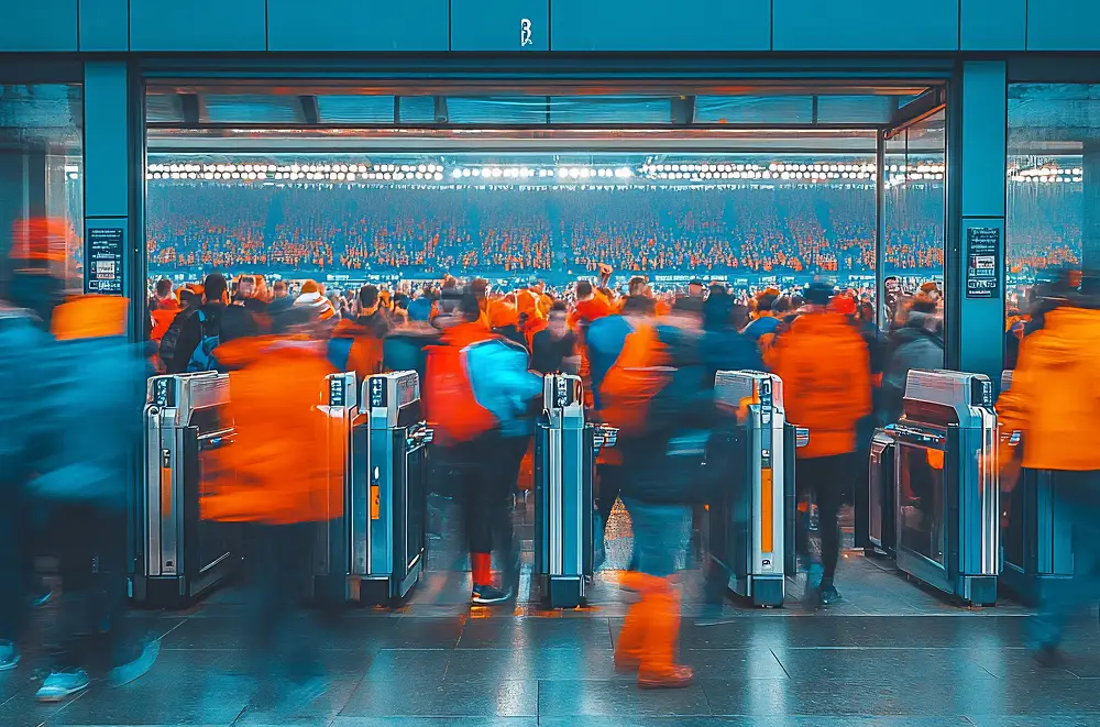 Menschenmassen in orangefarbenen und roten Jacken betreten ein Stadion durch Drehkreuze, die von digitales Besuchermanagement effizient gesteuert werden. Helle Lichter und volle Sitzplätze schaffen eine lebendige, energiegeladene Atmosphäre für ein großes Sport- oder Unterhaltungsereignis.