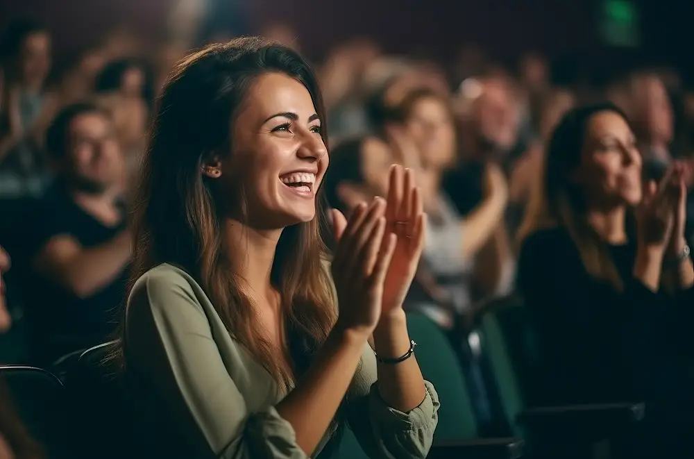 Eine Frau mit langen braunen Haaren lächelt und klatscht, während sie bei einer Theaterveranstaltung im Publikum sitzt. Andere um sie herum applaudieren ebenfalls, was den Erfolg des Eventmanagements bei der Schaffung einer lebendigen und ansprechenden Atmosphäre unterstreicht.