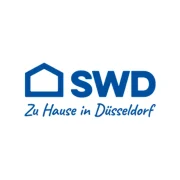 Blaues SWD-Logo mit einem einfachen Hausumriss, begleitet von dem deutschen Text Zu Hause in Düsseldorf auf weißem Hintergrund.