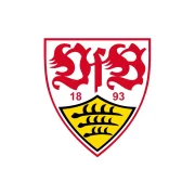 Das Bild zeigt das Logo des VfB Stuttgart, eines deutschen Fußballvereins. Das Wappen zeigt rote stilisierte Buchstaben und die Zahlen 18 und 93 über einem gelben Schild mit drei schwarzen Hirschgeweihen auf weißem Hintergrund.