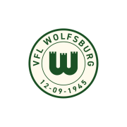 Das Logo des VFL Wolfsburg zeigt ein fettes grünes W mit schlossähnlichen Türmchen in einem grünen Kreis. Der Text VFL Wolfsburg und das Datum 12-09-1945 umgeben das Logo auf weißem Hintergrund.