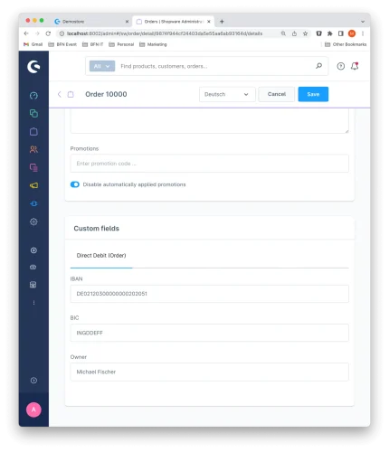 Ein Screenshot einer Auftragsverwaltungsseite in der SEPA Lastschrift App für Shopware zeigt die Details des Auftrags 10000. Benutzerdefinierte Felder für Lastschrift wie IBAN, BIC und Inhaber (Michael Fischer) werden angezeigt, wobei die Schaltfläche Speichern oben sichtbar ist.