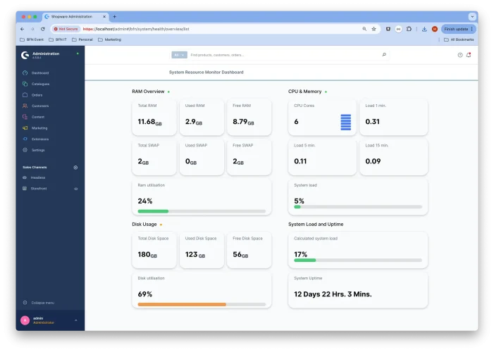 Das Dashboard der System Ressourcen Monitor App zeigt Statistiken für RAM, CPU, Speicher, Festplattennutzung und Systemlast an. Auf der linken Seite befindet sich ein Seitenleistenmenü, in dem verschiedene Metriken in beschrifteten Feldern im Hauptinhaltsbereich angezeigt werden.