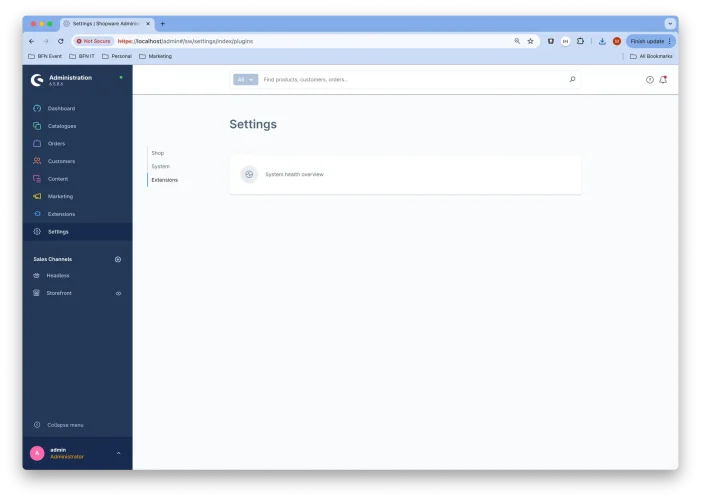 Screenshot des Shopware 6 Administration Dashboards mit der Seite Einstellungen. Die Seitenleiste enthält Optionen wie Dashboard, Bestellungen und Kunden. Der Hauptbereich zeigt eine Übersicht über den Systemzustand mit Einblicken aus der System Ressourcen Monitor App.